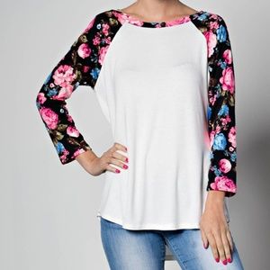 New White Floral Sleeved Raglan Baseball Top M-L